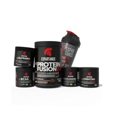 Imagem de Kit Whey Protein Fusion Chocolate 900g + BCAA em Pó Limão + Creatina + Glutamina + Colágeno em Pó Limão 100g + Coqueteleira - Espartanos