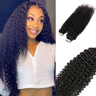 Imagem de Extensões de cabelo humano com fita cacheada Kinky #1B Extensões de Hiar Pretas Naturais 100% Cabelo Humano Real Crespo Encaracolado Pele Invisível Tramas Fita em Extensões para Mulheres Negras 56 cm