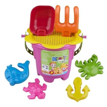 Imagem de Kit Baldinho De Praia Infantil Com Pá E Rastelo E 9 Acessórios Para Areia Para Atividades De Verão Cores Variadas 23x18 cm