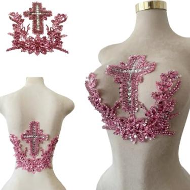 Imagem de Patch bordado feito à mão com contas cruzadas, aplique de strass feito à mão, design criativo, decoração de roupas para vestido de casamento antecessor ou terno masculino nas costas (rosa)