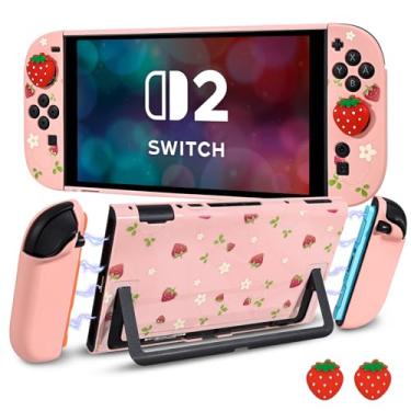 Imagem de DLseego Capa rígida protetora para Nintendo Switch 2 2025, capa macia para Joy Con, controlador JoyCon destacável à prova de choque e resistente a arranhões, 2 alças de polegar, morango - rosa 3