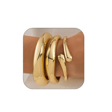 Imagem de Pulseiras grossas de ouro empilháveis empilháveis para mulheres, conjunto de pulseiras empilháveis largas banhadas a ouro 14 k na moda joias presentes, Medium, liga de zinco-ferro, Sem Pedra Preciosa