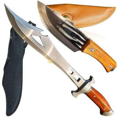 Imagem de Kit Faca e Facão Forjado Aço Inox Cabo Madeira Corte de Carne Roça Mato Camping Pesca Caça Sobrevivência Com Bainhas