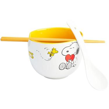 Imagem de Get Trend Peanuts Snoopy Ramen Bowl conjunto de 3 peças com pauzinhos de bambu, colher para crianças, adolescentes e adultos, tigela de macarrão de 590 ml, presentes seguros para micro-ondas para