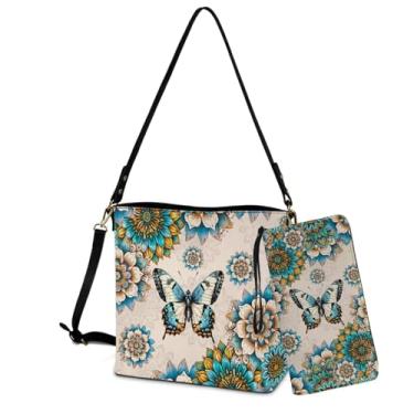 Imagem de Sannovo Conjunto de bolsa e carteira para mulheres, bolsa tiracolo de couro com carteira de poliuretano para viagem, festa, trabalho, Flor mandala de borboleta azul