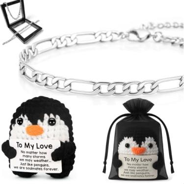Imagem de Kit Presente Romântico Pulseira Bracelete Masculina Feminina Aço Inox cor Prata Pinguim Crochê Namorado Namorada Marido Esposa Mulher Homem - Pronto para Presentear Natal dia dos Namorados Aniversário