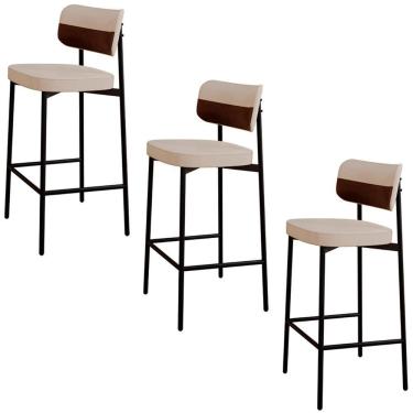 Imagem de Banqueta Alta Bar Estofada Kit 3 Ella M25 Linho Areia-café - Mpozenato