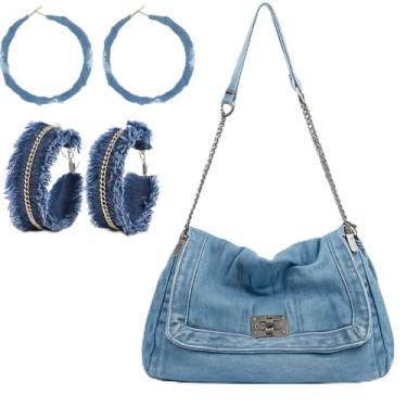 Imagem de Quelay 1 sacola jeans 2 pares de brincos jeans para mulheres, bolsas jeans azuis, bolsas de mão com corrente ajustável, transversal, ombro, zíper, brincos redondos exagerados, acessórios retrô