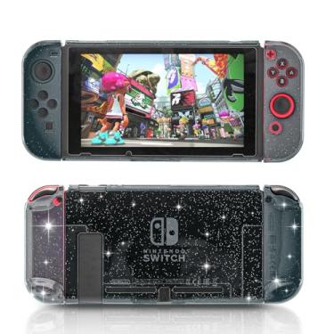 Imagem de Capa com glitter HEATFUN para Nintendo Switch, protetora com vidro temperado e 6 capas Joy Stick, cabe na estação de doca - preta