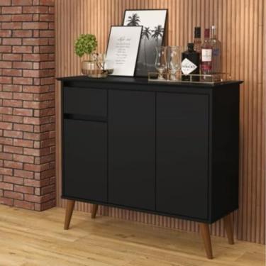 Imagem de Aparador Buffet Retrô Preto Pés de Madeira com 3 Portas e Gaveta Veneza