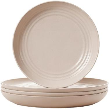 Imagem de XILEDUO Conjunto de 4 pratos de palha de trigo, inquebráveis, placa de plástico leve reutilizável para acampamento, cozinha, micro-ondas e lava-louças (bege)