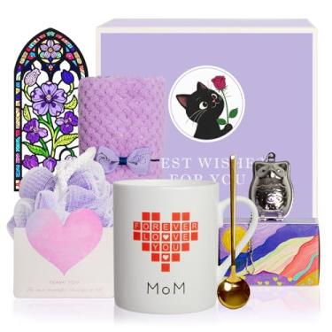 Imagem de Lovift Conjunto de presente de aniversário para Mama, Best Mom Ever novidade caneca de café que muda de cor de calor, I Love Mom Red Heart Xícara de chá de cerâmica Dia das Mães, cesta de presente de