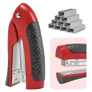 Imagem de Grampeador de pé com 1000 grampos padrão de 1/10.2 cm, portátil, ergonômico, macio, vertical, uso plano, grampeador compacto para escritório, casa, escola, negócios e sala de aula – vermelho