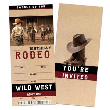 Imagem de ZARYFANCHY Convites de festa de aniversário de cowboy, convites de aniversário de bilhete VIP de rodeio ocidental, 20 cartões de convites de preenchimento com envelopes, decorações de festa e