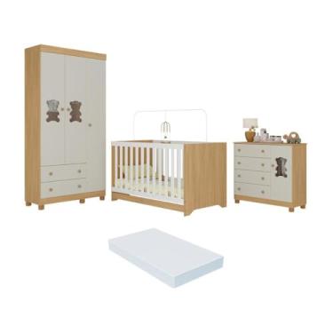 Imagem de Quarto de Bebê Completo Berço Americano 3 em 1 Colchão Fofura Multimóveis Mp4669 Madeirado/off White