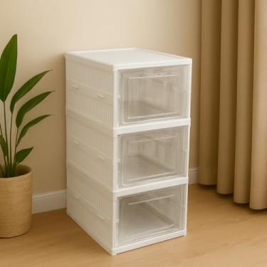 Imagem de Armário Vertical Dobrável Multiuso, PP e PS, Branco, 3 Compartimentos com Portas Transparentes, 34,5x25,5x54cm, para Organização Doméstica