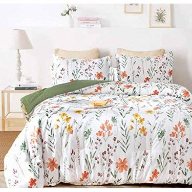 Imagem de Conjunto de edredom duplo, branco amarelo floral, verde estampa de folha padrão reversível edredom alternativo - tamanho 152 x 223 cm Conjuntos de edredom de microfibra macia 3 peças roupas de cama vintage para casa de campo em uma bolsa para mulheres homens