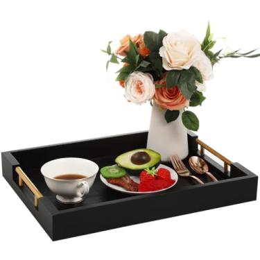 Imagem de Bandeja de servir de madeira com alças, bandeja decorativa de 40 cm para mesas de centro e salas de estar