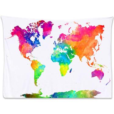 Imagem de Tephran Tapeçaria de Mapa-múndi em aquarela para pendurar na parede – Tapeçaria colorida do globo da terra para decoração de quarto, dormitório ou sala de aula, arte de mapa-múndi rosa claro azul