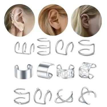 Imagem de Kit 12 Brincos Pressão Piercings Orelha Aço Cirúrgico Prateado - BRW