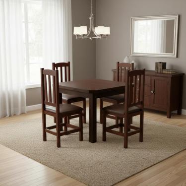 Imagem de Kit Mesa E 4 Cadeiras Com Estofado Marrom 88cm Madeira Maciça Castanho Com Estofado Marrom