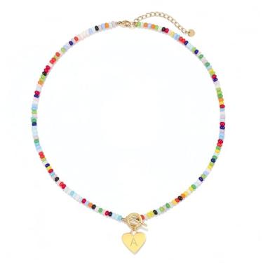 Imagem de ARZASGO Colar boêmio com contas de cristal colorido para mulheres, gargantilha com pingente de letra inicial de coração, aço inoxidável, impermeável, personalizado, joia boho, presente, Aço inoxidável
