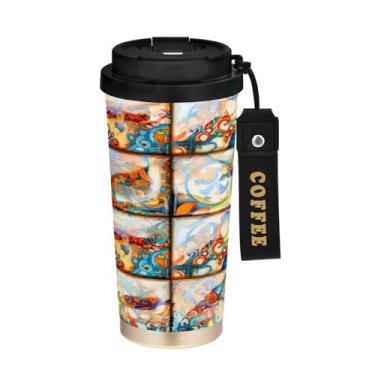 Imagem de STAYTOP Caneca de café colorida estilo mediterrâneo com azulejos de cerâmica isolada para viagem de 500 ml, copo de café de aço inoxidável reutilizável com tampa flip à prova de vazamento à prova de