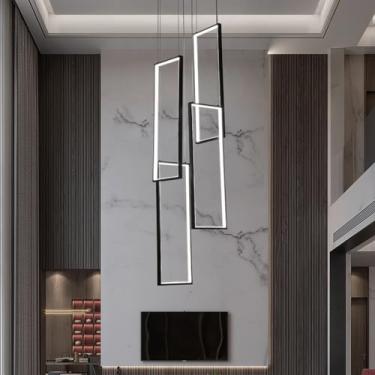Imagem de Luminária pendente LED moderna com altura ajustável, lustre retangular dimerizável. Ideal para escadas, sala de estar, ilha de cozinha, hall de entrada, saguão, loft, casa com pé direito alt