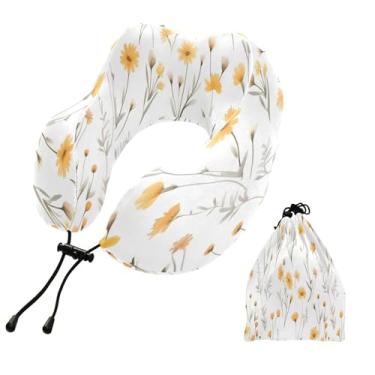 Imagem de CEBUGI Travesseiros de viagem portáteis em forma de U, travesseiro de pescoço de espuma viscoelástica com trava de corda ajustável para avião, viagem, trem, negócios, escritório, soneca (flor amarela)