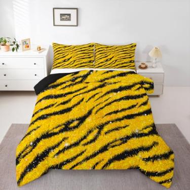 Imagem de jejeloiu Conjunto de edredom Queen com listras de zebra, estampa de leopardo, estampa de leopardo, zebra, pele de animal selvagem, decoração de quarto, amarelo brilhante, 3 peças com 2 fronhas