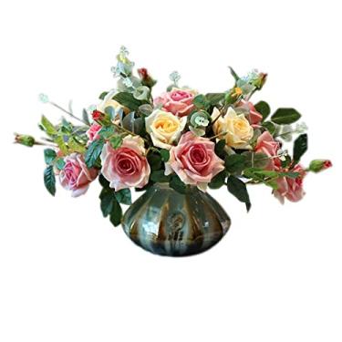 Imagem de Flor artificial com vaso orquídea flor artificial de seda com vaso rosa estilo europeu vaso de mesa simulação flor casa sala de estar decoração orquídea