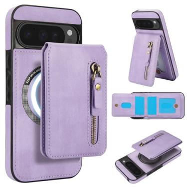 Imagem de Carteira removível compatível com carregamento sem fio Magsafe para Google Pixel 10, capa com suporte para cartão, bolso com zíper, suporte 2 em 1 à prova de choque (roxa)