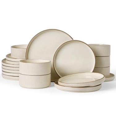 Imagem de Famiware Star Conjunto de louça, pratos e tigelas para 6 (18 peças), pratos de grés canelados, resistente a lascas e arranhões, utensílios de cozinha para micro-ondas e lava-louças, creme