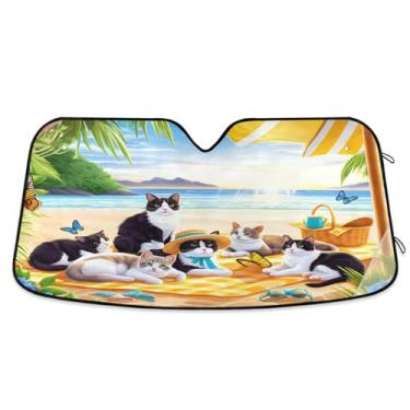 Imagem de Qilmy Para-brisa de carro, cena de praia com protetor de viseira dobrável para seis gatos, mantém fresco, bloqueia raios UV e acessórios para proteger carros, SUVs, caminhões-(L) 560