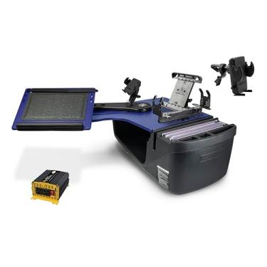 Imagem de AutoExec Alcance o banco traseiro de mesa para sua estação de trabalho de veículo e escritório móvel, azul, com inversor de potência de 400 watts, suporte para celular, suporte para tablet, suporte de