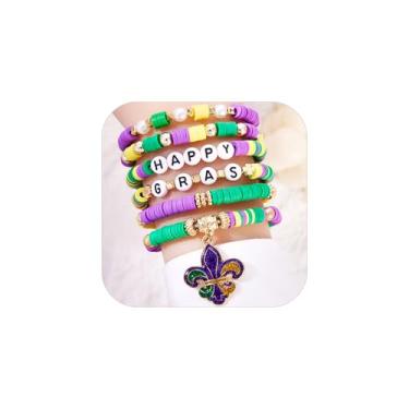 Imagem de Hremhoo Pulseira feminina elástica com contas de carnaval, várias camadas, máscara, chapéu, palhaço, letra, empilhável, conjunto de pulseiras para carnaval, acessórios de carnaval, lembrancinhas de