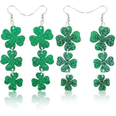 Imagem de 2 pares de brincos femininos do dia de São Patrício trevo verde com pingente de trevo acessórios para o dia de São Patrício, brincos irlandeses de quatro folhas, joias para presente de São Patrício