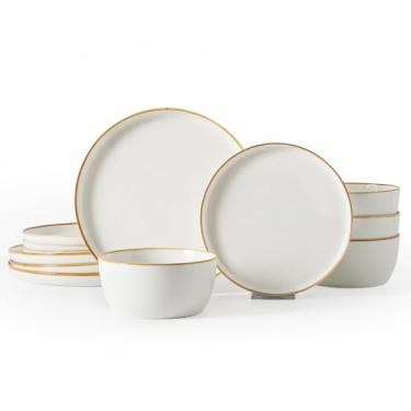 Imagem de Yachi Conjunto de pratos e tigelas, conjunto de 12 peças de louça de grés moderno para 4 cozinhas, conjunto de louças de cerâmica, adequado para micro-ondas e lava-louças, branco, série