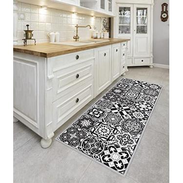 Imagem de IRI-GIRI Tapete de chão de cozinha de vinil decorativo linóleo PVC tapete corredor piso de azulejo, colorido, durável, antiderrapante, lavável à mão e protege pisos 160 x 60 cm, preto e branco 272