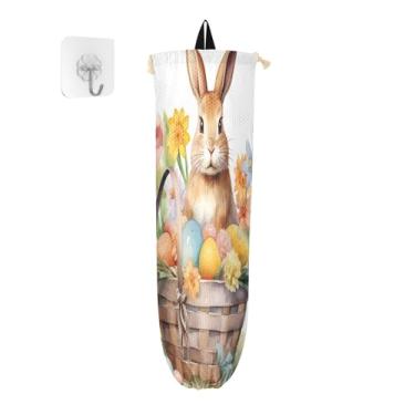 Imagem de Coelhinho da Páscoa em Flores Cesta de Madeira Pacote com 2 Porta-Sacolas de Mercearia, Organizadores e Armazenamento, Suporte de Saco Plástico de Cozinha