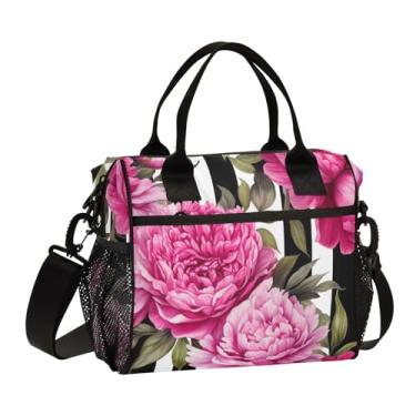 Imagem de GAIGEO Peônias em lancheira listrada isolada para adultos, lancheira reutilizável isolada, lancheira térmica para adultos, M