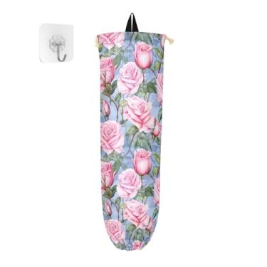 Imagem de Pacote com 2 suportes para sacolas plásticas coloridas rosas na aquarela, armazenamento de sacolas plásticas, armazenamento de sacolas plásticas de cozinha