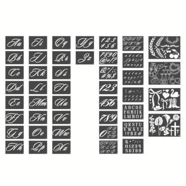 Imagem de Kit de molde de estêncil de caligrafia boutique | 45 peças reutilizáveis | letras maiúsculas, minúsculas, grandes e pequenas | números, pontuação, louros e flores - para artesanato, pintura de madeira
