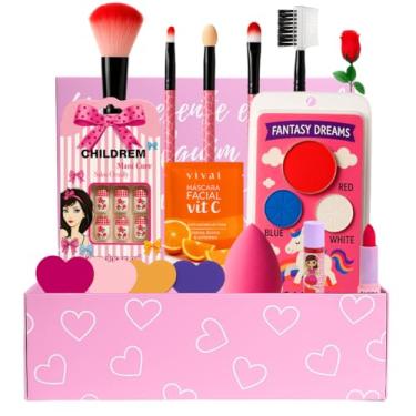 Imagem de Caixinha de Maquiagem Infantil Completa com 7 Itens Top e Diversão para Crianças Paleta de Sombras Pincéis Batom Kit Criativo Beleza Colorida Sagaro Store