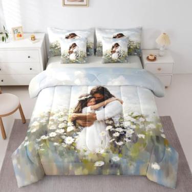 Imagem de Conjunto de cama Queen com estampa de Deus abraçando meninas, crianças, abraçando Deus, mórmon, 7 peças, moderno, versículo da Bíblia Ocidental, para meninas e meninos, branco e verde (2 fronhas + 2
