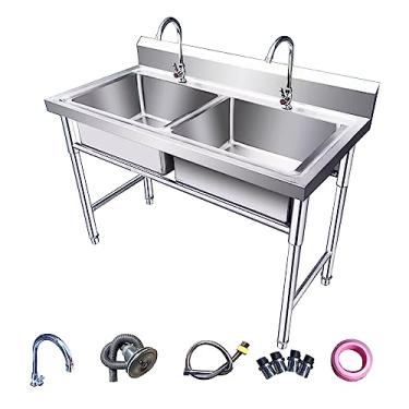 Imagem de Lavatório de tigela dupla grande, pias utilitárias de aço inoxidável, pia de cozinha de tigela dupla, lavatório de mão de preparação e utilitário para lavanderia, restaurante, lavanderia (100 x 50 x