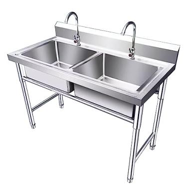 Imagem de Pia comercial de aço inoxidável 304, pia independente de aço inoxidável, pia comercial/industrial de 2 compartimentos, pia de garagem externa, para cozinha de restaurante (100 x 60 x 80 cm)