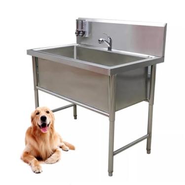 Imagem de Banheira profissional de aço inoxidável para cães com caixa de sabonete, estação de banho para cães de estimação com escadas, torneira, acessório rico, animal de estimação pequeno, pia de lavagem para
