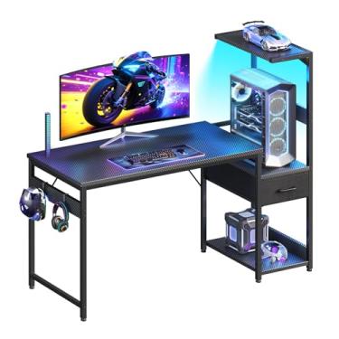 Imagem de Casaottima Mesa de jogos de 121 cm com armazenamento e luz LED, mesa reversível para computador PC gamer com gaveta de tecido e ganchos laterais, mesa de jogos moderna com prateleiras, preta
