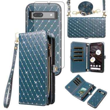 Imagem de Capa de celular para Google Pixel 7A 5G 2023 com zíper carteira destacável com protetor de tela de vidro temperado alça transversal alça flip glitter porta-cartão slot Pixel7A A7 mulheres homens verde